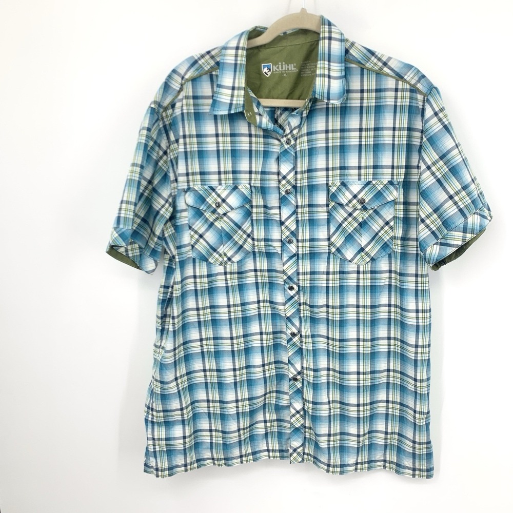Kuhl Men Size‎ XL Shirt Button Down Top Short Sleeve Blue Yellow Checkered Plaid